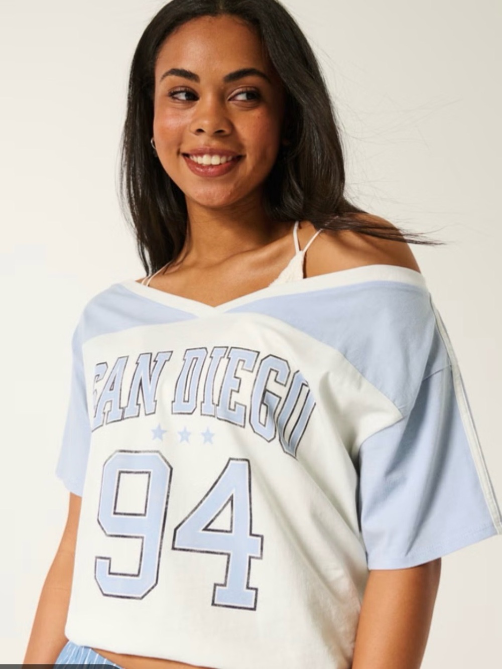 Hollister White and Light Blue 'San Diego 94' Raglan Tee